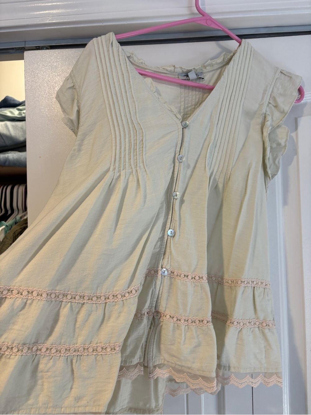 Girls Cream Lace-Trim Button Front Dress
